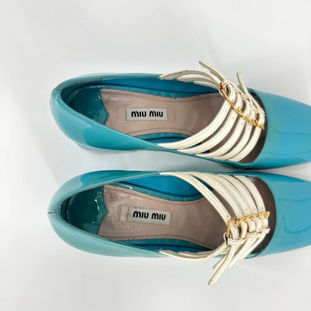 Miu Miu FW2015 Blue Patent Leather Multi-Strap Block Heel Pumps Size 37.5